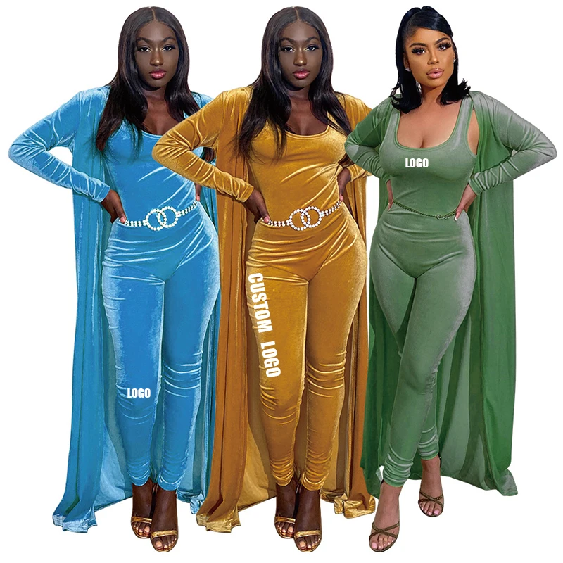 

Free Shipping custom logo Women velvet jumpsuit with coat design custom velvet velour full sleeves jumpsuit sets, Customized color