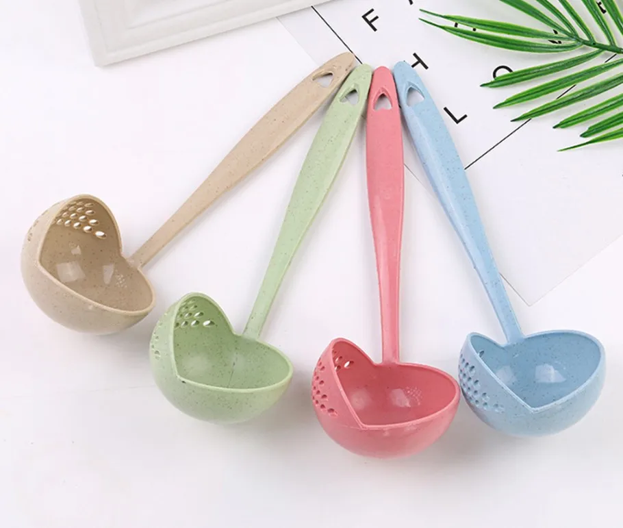

Plastic Tableware Colander Hot New Soup Spoon Long Handle Kitchen Strainer Solid Color Cooking Colander Kitchen Scoop, As photo