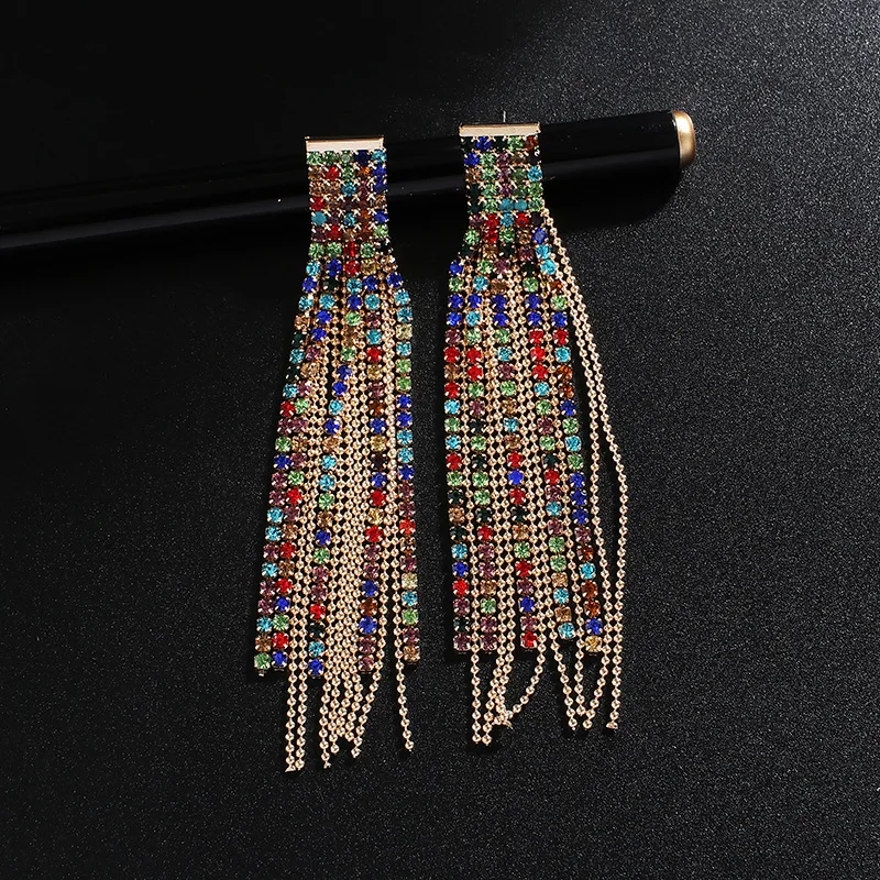 

European Wedding Luxury Jewelry Long Drop Crystal Rhinestone Earring Doublelayered Colorful Cubic Tassel Earring For Women, Picture