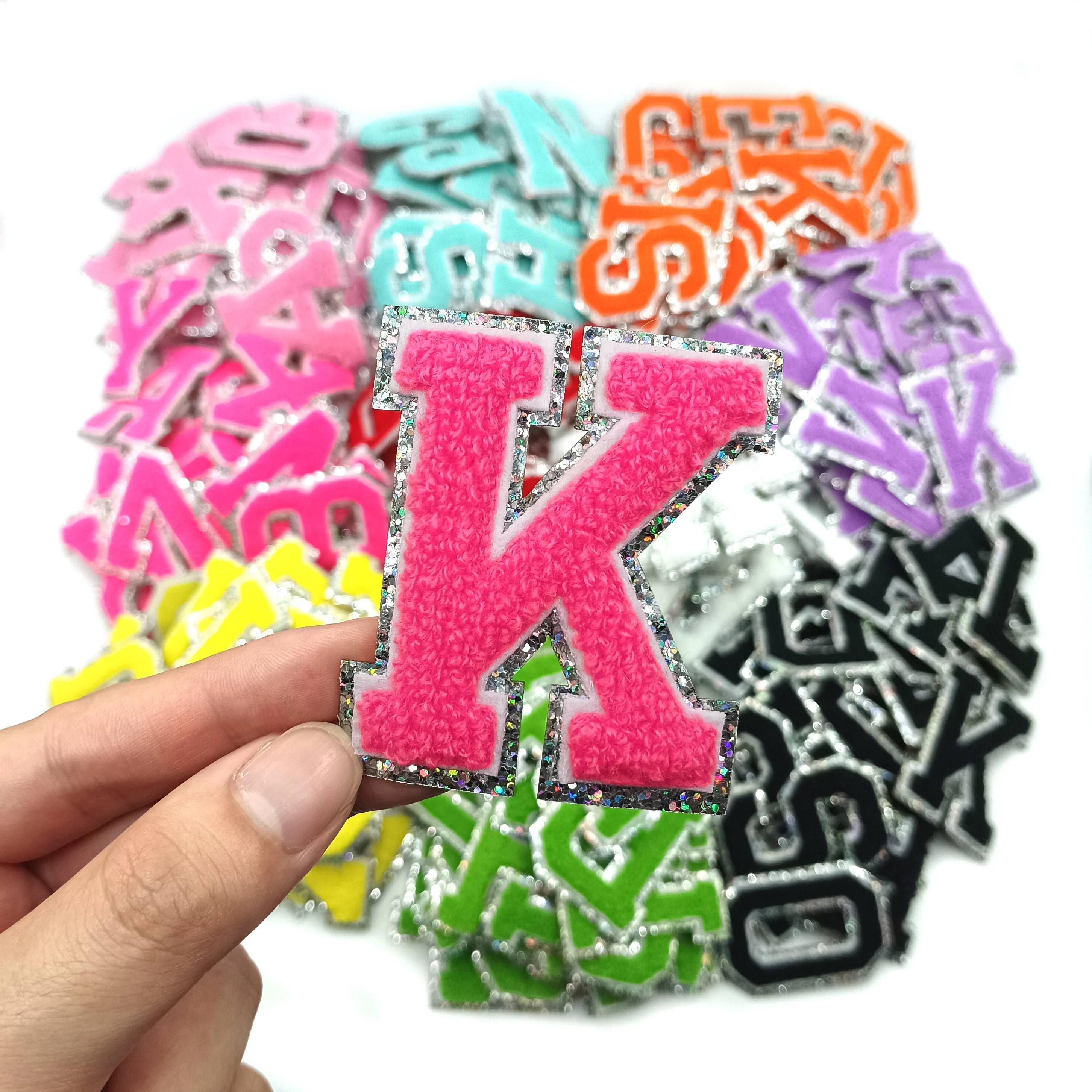 New Silver Edge Glitter Chenille Hot Pink Bling 6.5cm Embroidered Iron-On Hot Pink Letter Patches