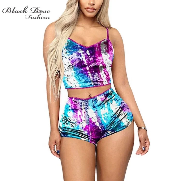 

Black Rose Fashion Y rainbow tie die letter print velvet strap two piece outfit 2 piece velvet short set for women