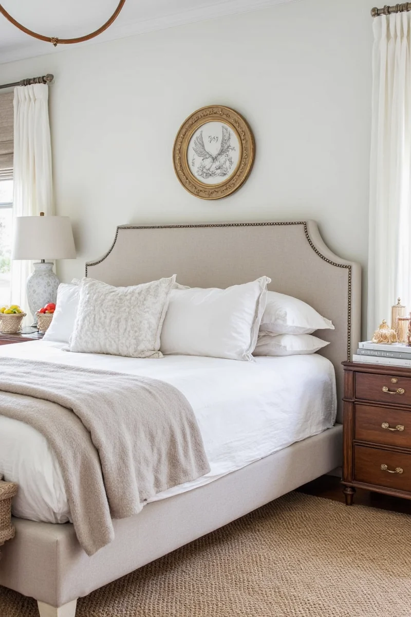 Cozy master bedroom with neutral tones and soft lighting