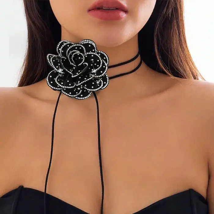 

Vintage Full Rhinestone Large Black Flower Necklace for Women Girls Choker Wax Thread Multiple Layers Fashion Jewelry