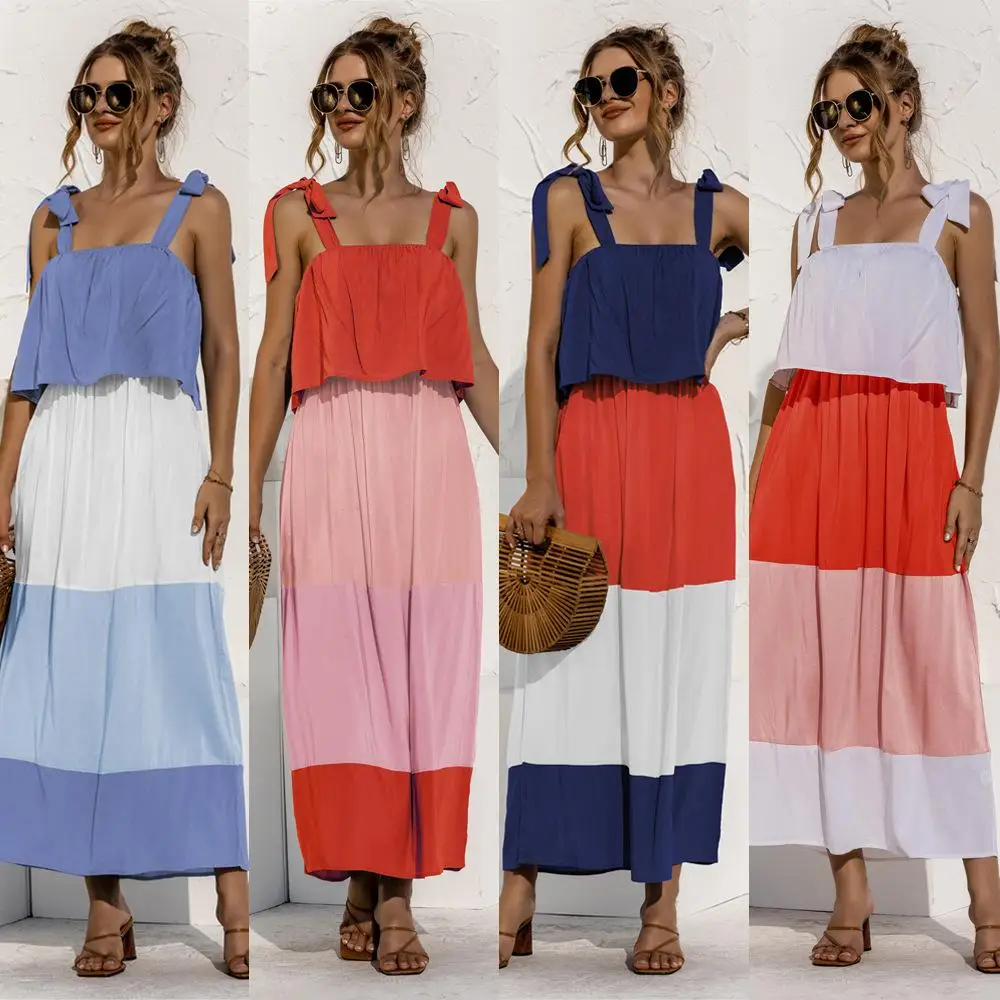 

2021 Spring And Summer Hot Sale Women's Ruffled Dress Color Block Casual Women Long Sleeveless Dress, Picture color