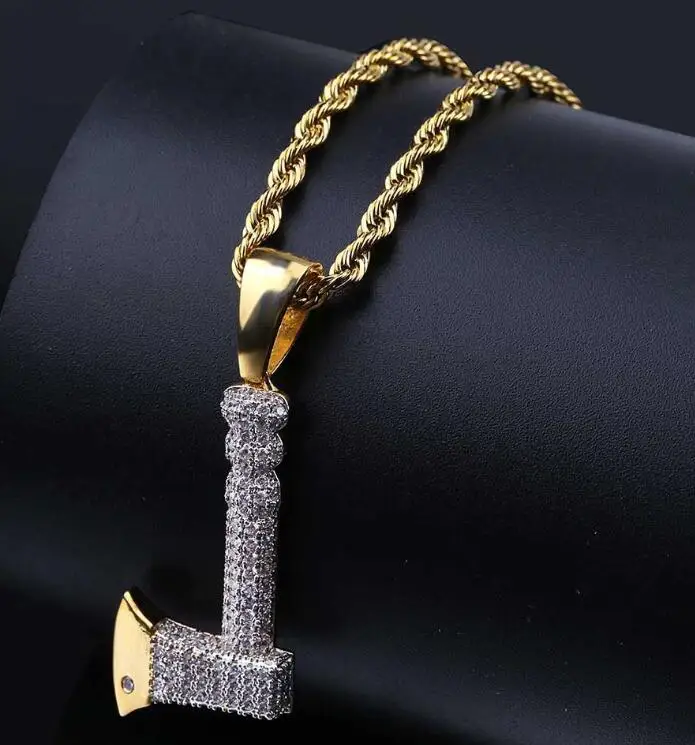 

Men's Axe Hip Hop Pendant Copper Inlay Zircon Ice Town Necklace Men's Gift Accessories, Gold,silver,black