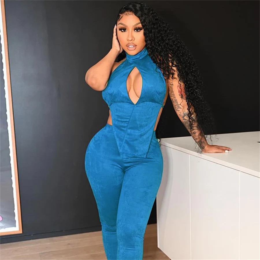 

Nibber K21S00815 Factory Wholesale Customized Solid Color Halter Sleeveless Backless Womens 2 Two Pieces Sets Camisole And Pants