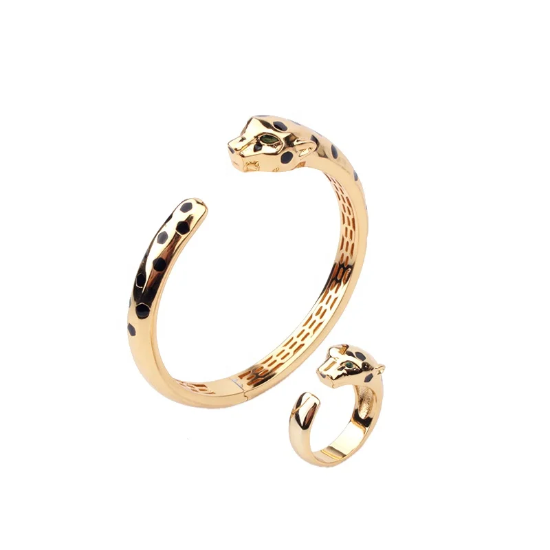 

Cuff bracelet jewelry women Black spots panther green zircon stone eye 18k gold plated woman jewelry famous bracelet sets