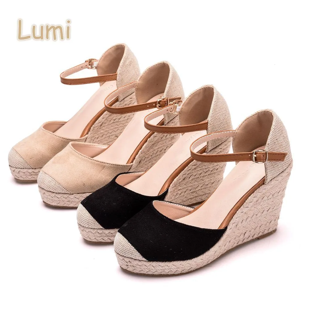 

Ankle strap Jute high heel platform wedge ladies espadrilles shoes for women