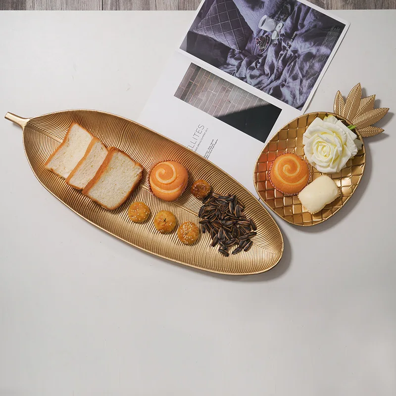 

Nordic Simple Creative Golden Pineapple And Leaf Shape Snacks Plate Living Room Home Dining Table Storage Tray Decoration, As photo