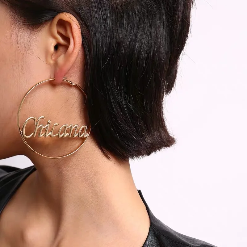 

Fashion Big Circle Gold Color Hoop Earrings For Women Chicana Baby Words pendientes aro Large Hoops Ear Ring For Wholesale, As picture