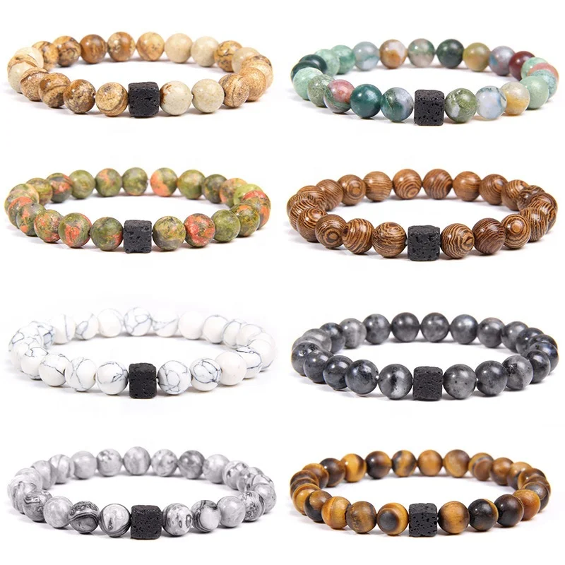 

Amazon Hot Selling Wholesale Custom Logo 8mm Magnet Charm Beads Stretch Natural Stone Lava Bead Bracelet For Men, 8 colors