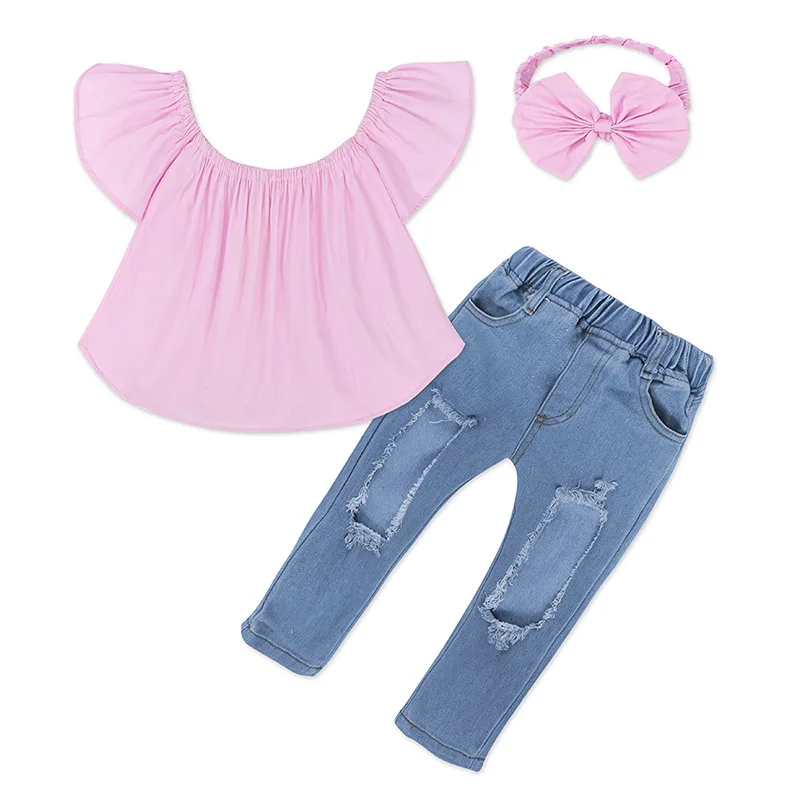 

2021 Children jean suit pink one word shoulder garment torn denim pants headband girls clothing sets for wholesale, As pic shows, we can according to your request also
