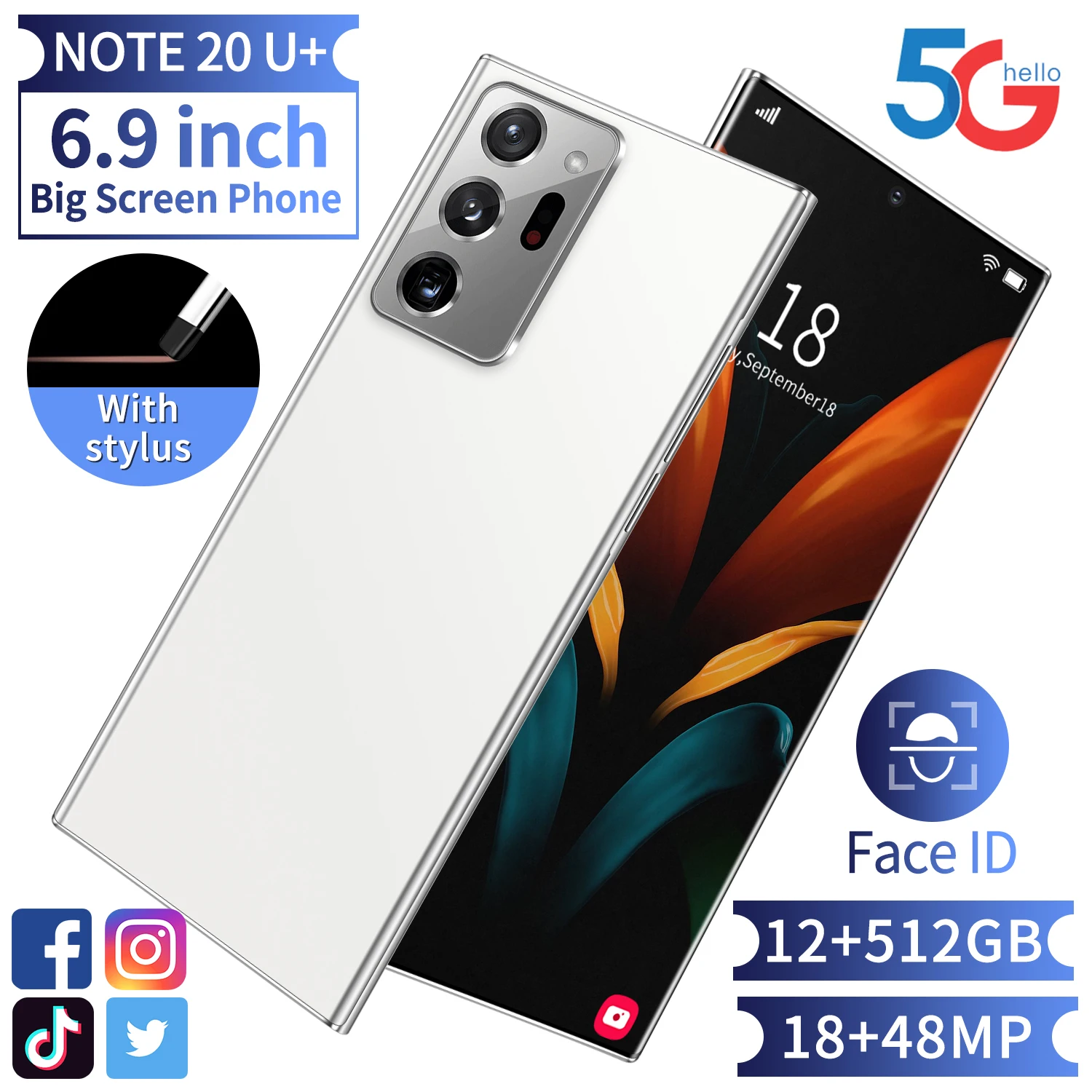 

Global version note20u smartphone 3G 4G 5G 12+512gb 18+48mp mobile phones big battery capacity face unlock android cellphone