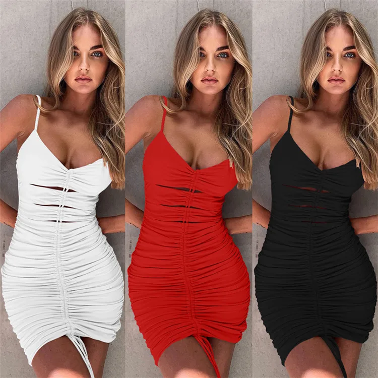 

TOB Wholesale Sexy Club Bodycon V-neck Hollow Drawstring Pleated Strap Mini Dress