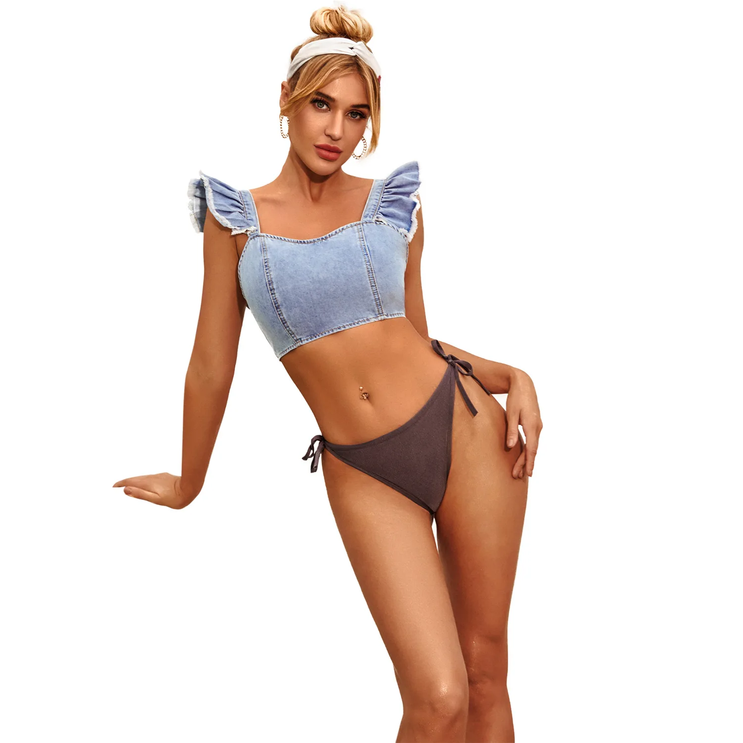 

women's wear halter with jean vest flying sleeve crop top, Blue