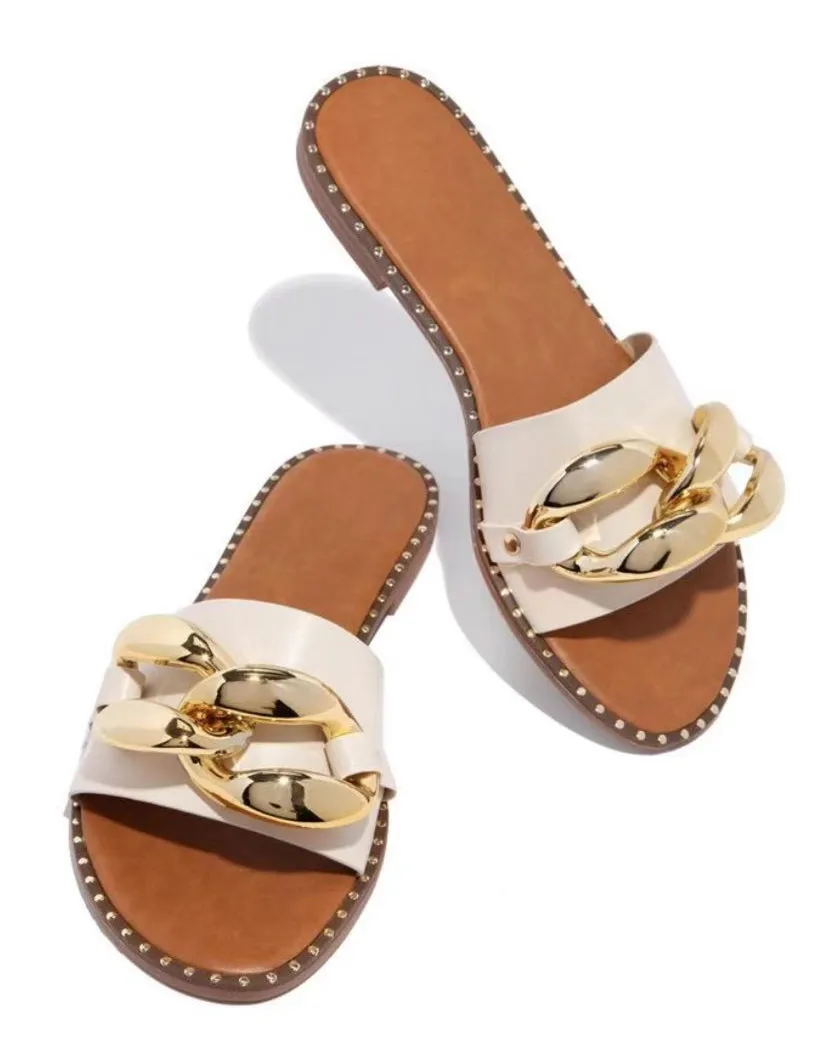 

2021 hot sale summer big double ring chain buckle women's slippers fashion flat shoes women's slippers summer sandals, Black