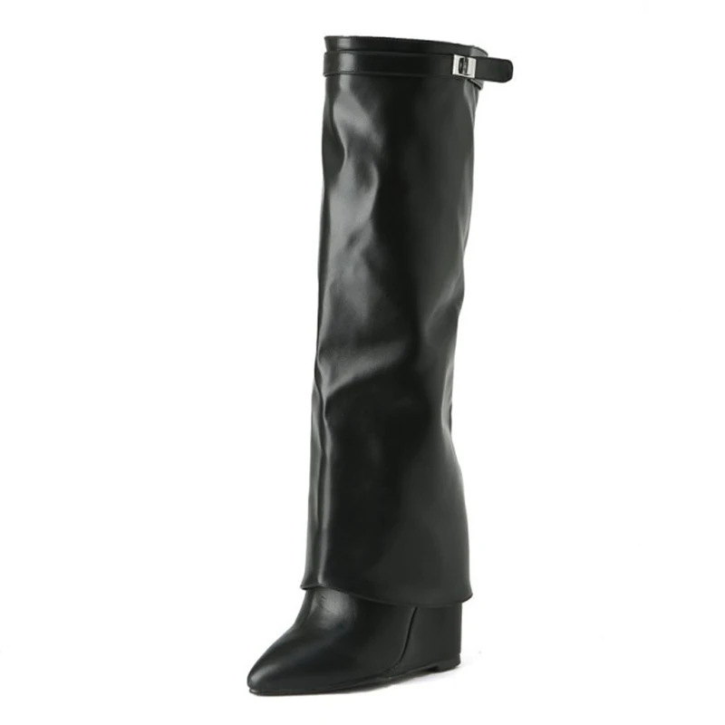 

Size34-45 Shark Lock Women Wedge Boots Black Fold Knee High Heel Boots Long Boots Female Elegant Party Botas Mujer Platform Shoe