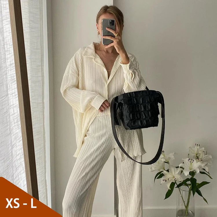 

XS-L Hot Selling Casual Loose Pleated 2 Piece Set Long Sleeve Blouses Wide Leg Pants Beige Elegant Fall Outfits For Women