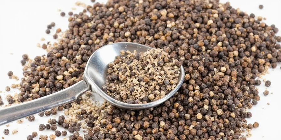 Crushed black pepper on a wooden table