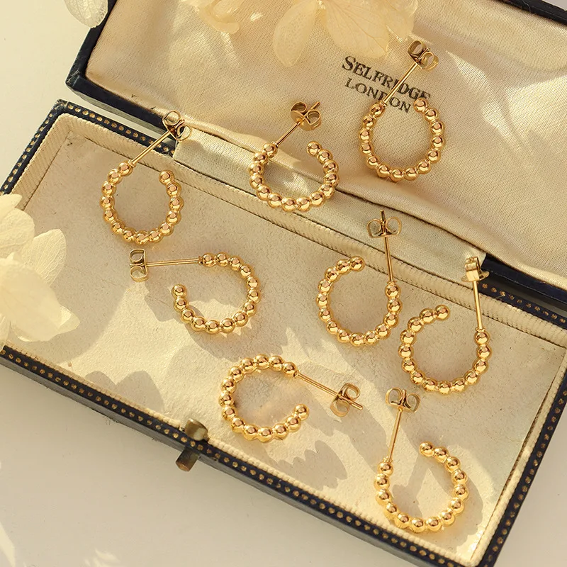 

2022 18K Gold Plated Beads C Hoop Earring Stainless Steel Round Circle Earrings For Girls
