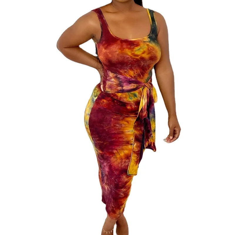 

Plus-size women's tie-dyed sleeveless lace back dress Party Beach Dresses