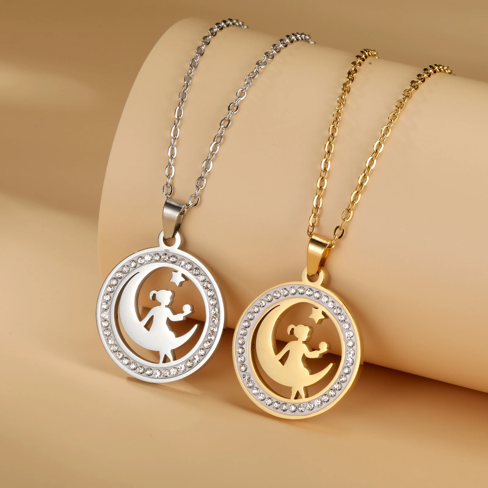 Myshape Girl Clear Zircon Round Pendant Necklace Stainless Steel Gold Color Choker Neck Chain Fashion Jewelry Valentines' Gift