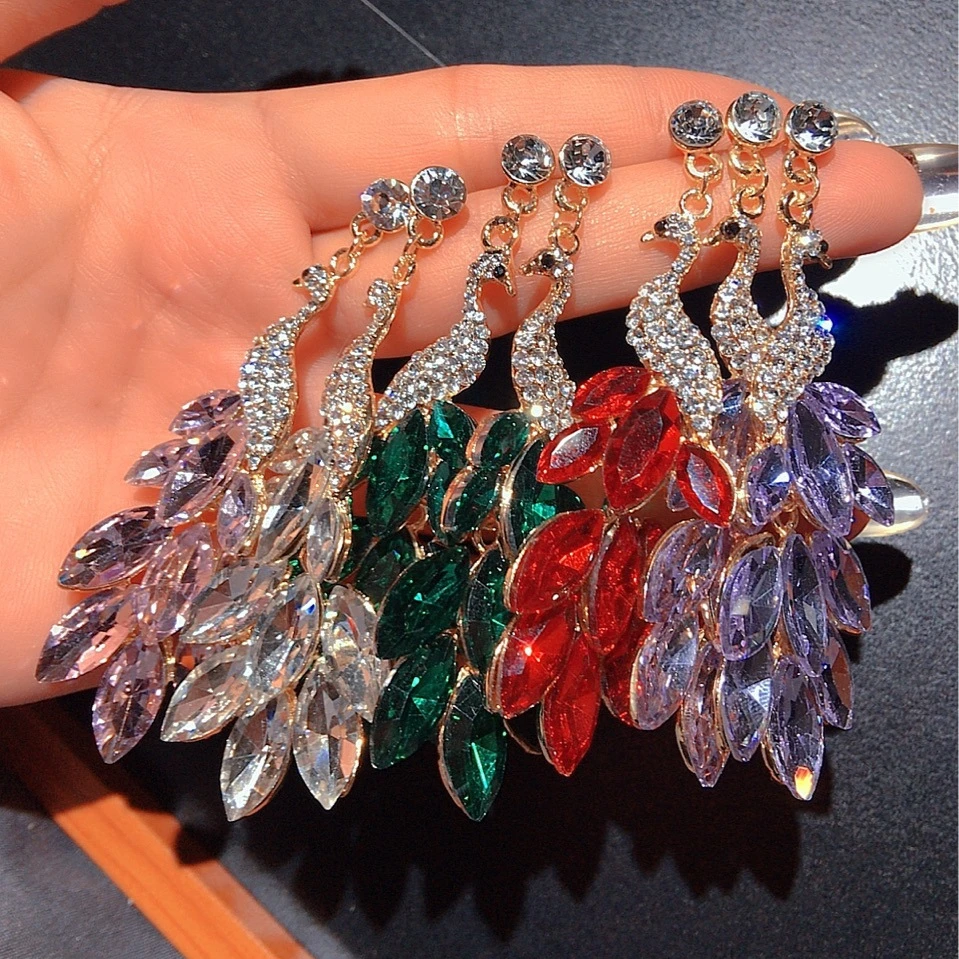 

925 Silver Needle Earrings Exaggerated Luxury Shiny Rhinestone Diamond Peacock Drop Earrings, Picture shows
