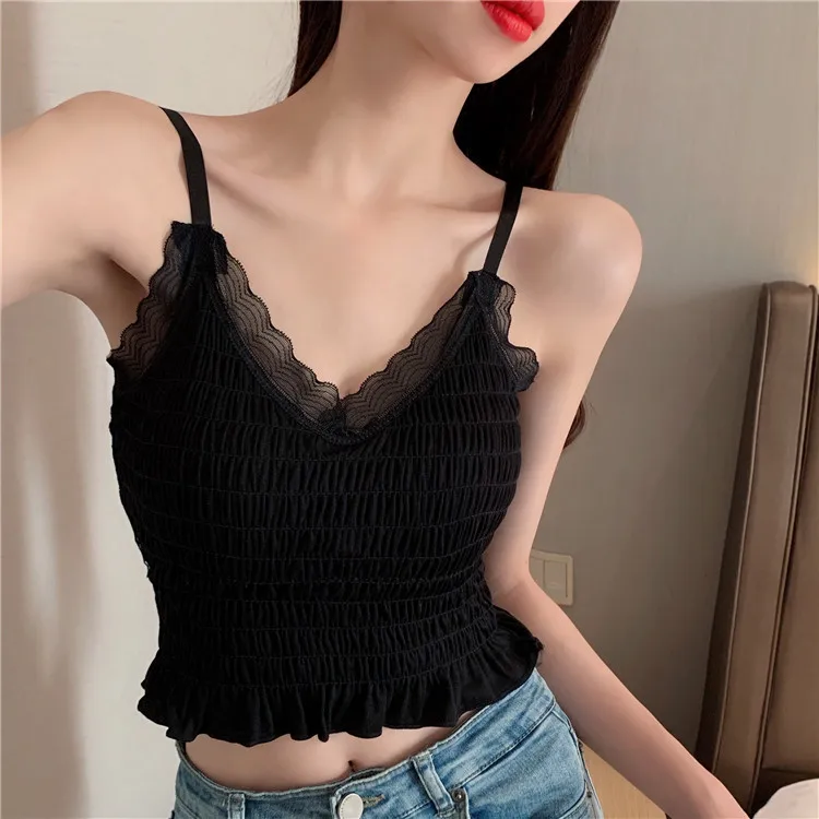 

2022New arrival Fashion Women wireless Bra Female Tops Hot Sale camisole soft Lace Strap Wrapped Chest Shirt Top Underwear Bras, Black white brown gray