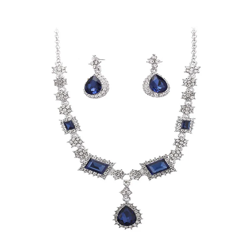 

Alloy inlaid artificial gems rhinestones necklaces and earrings zircon pendant jewelry set for wedding, Red blue grey