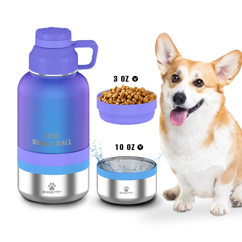 

2023 Hot sale In stock Dog Travel Water Bottle 3 in1 pets Stainless Steel 32oz dog with two food containers feeder bowl