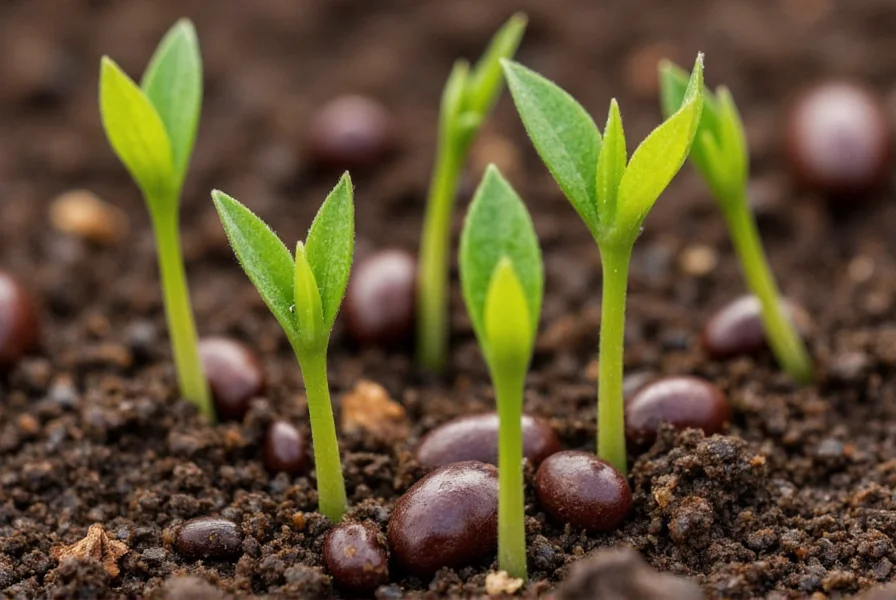 Close-up of fresno pepper seeds in soil with sprouting seedlings showing early growth stages