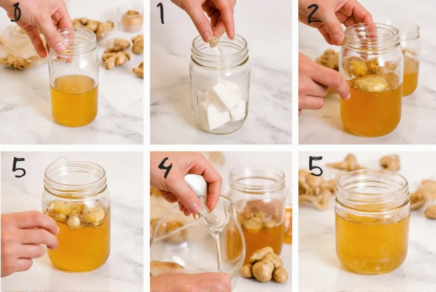 Step-by-step preparation of apple cider vinegar and ginger drink in glass jar