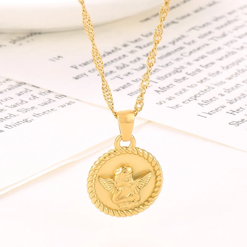 

Kalen Vintage Round Carved Cupid Pendant Necklaces Gift 18k Gold Plated Stainless Steel Necklace