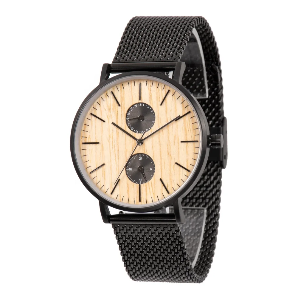 

Multi-Function Dial Wooden Face Water Resistant Stainless Steel Watch