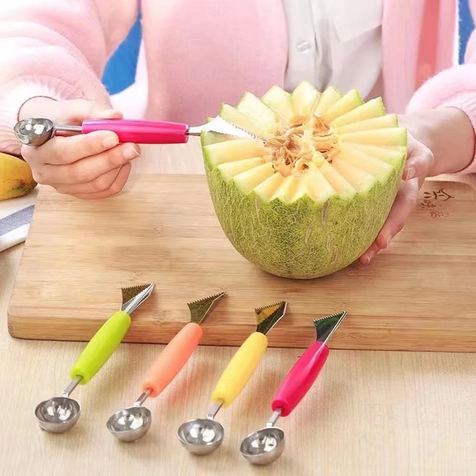

2 in 1 Double Stainless Steel Melon Baller kitchen Cut Watermelon Carving Knife Fruit Digging Spoon Platter Spoon kitchen Tools