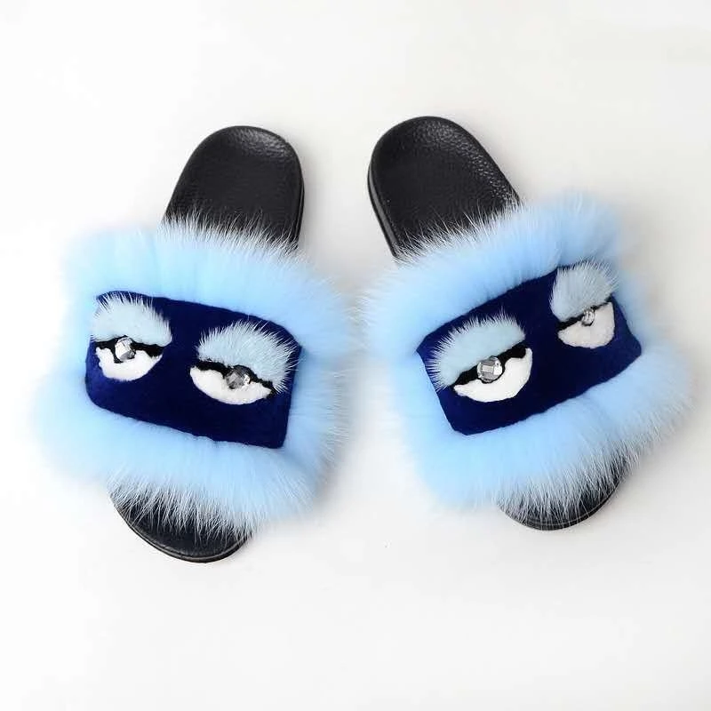 

Wholesale custom slider fashion woman fluffy slippers real fox fur monster sandals, Customized color