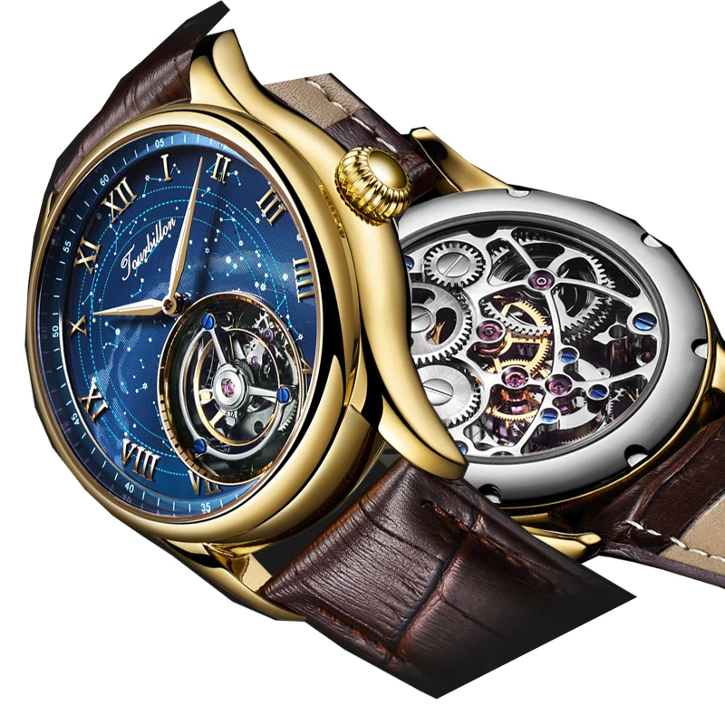 

OEM&ODM Top Brand 18K/24K Gold Bust Down Starry Sky Blue Dial Modern Mechanical Tourbillon Watch 2022, Silver/gold/rose gold/brown
