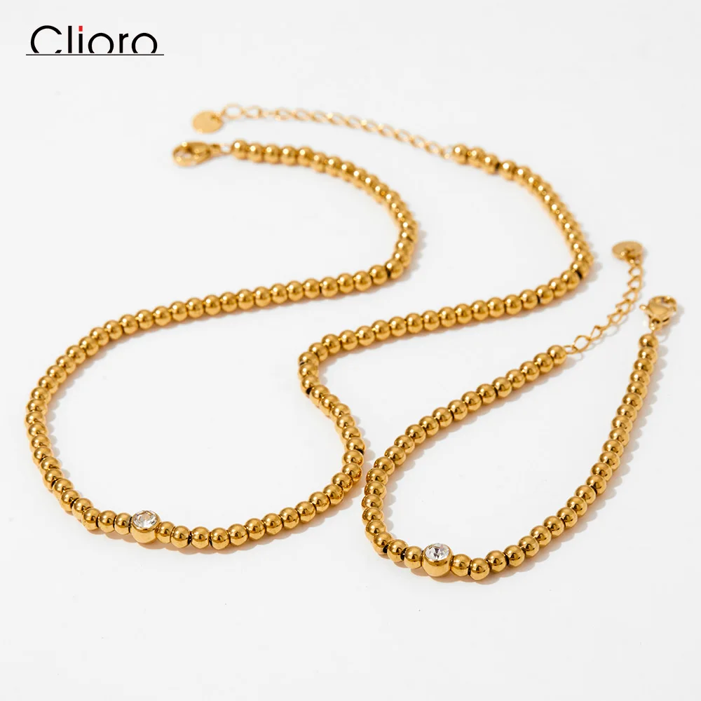 

Clioro Minimalist 4mm Beads Charm Necklace Tarnish Free Bead Chain Bracelet Necklace Jewelry Set For Women