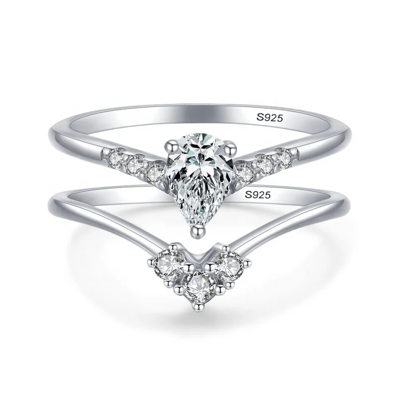 

Hot sale 2 in 1 925 sterling silver ring set with high quality cubic zirconia wedding diamond silver rings for women