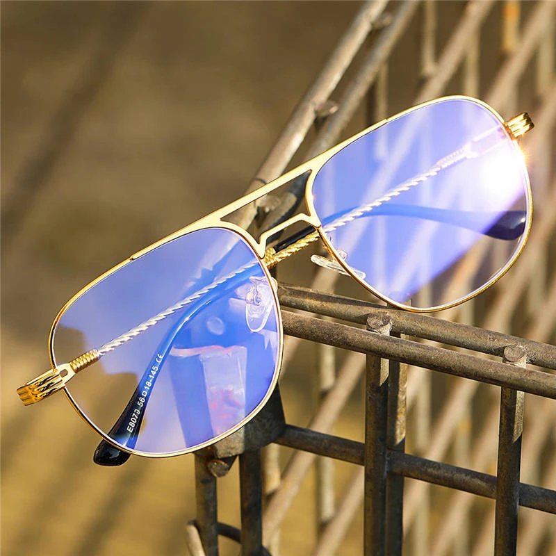 

Ready Stock Luxury Black gold Metal Aviation vintage metal Frames Double Bridge clear lens Man Sunglasses