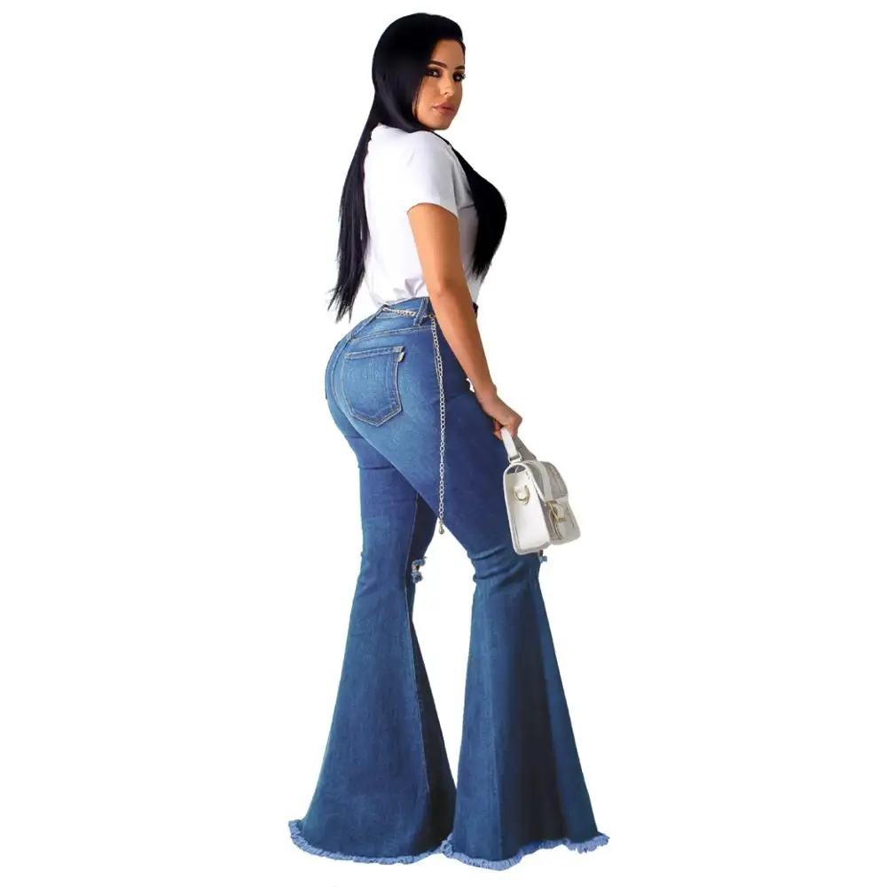 Women Jeans Ripped Knee Detail Blue Flared Ladies Jeans Pants