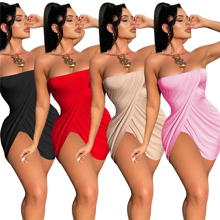 

Wholesale Sexy Female Clothing Solid Color Sleeveless Bodycon Dresses Club Wear Summer Women Tube Top Mini Dress