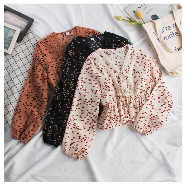 

cs200 New Ins Hot Sale Sweet Print Lace Trim Patchwork Drawstring Long Sleeve Shirt Korean Women Blouse Clothing