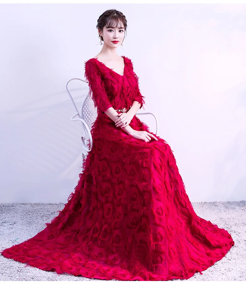 

Elegant long skirt flared sleeves bride toast clothing banquet evening dress, Red wine, champagne