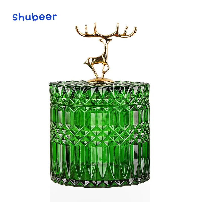 

Stand deer painted gold candy jar crystal glass candy box with lid creative gold head dark green jewelry box decorations
