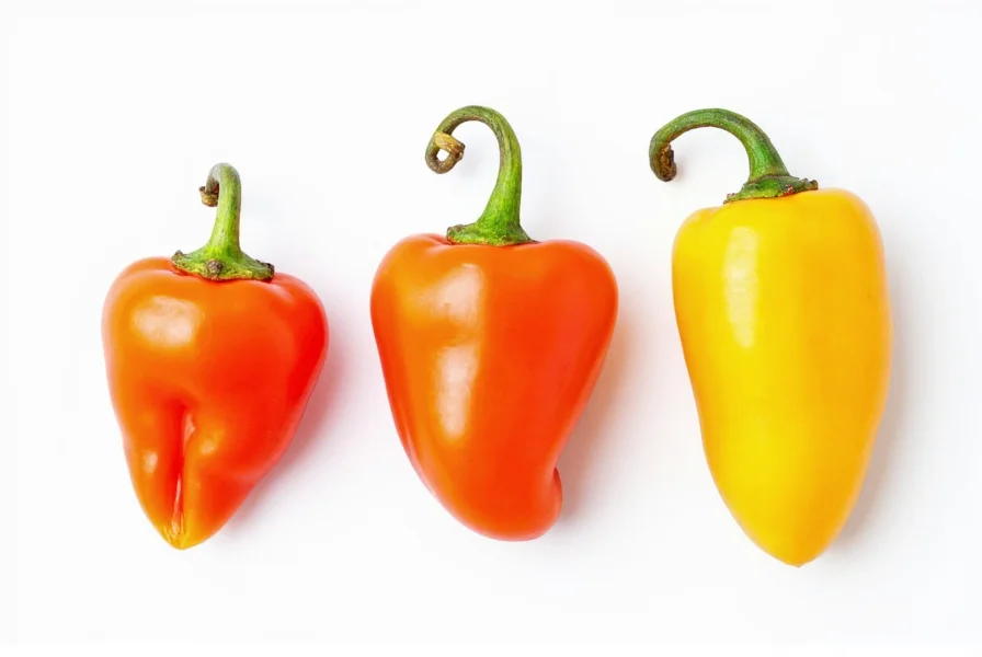 Side-by-side comparison of scorpion pepper, ghost pepper, and habanero showing size differences and distinctive tail shapes