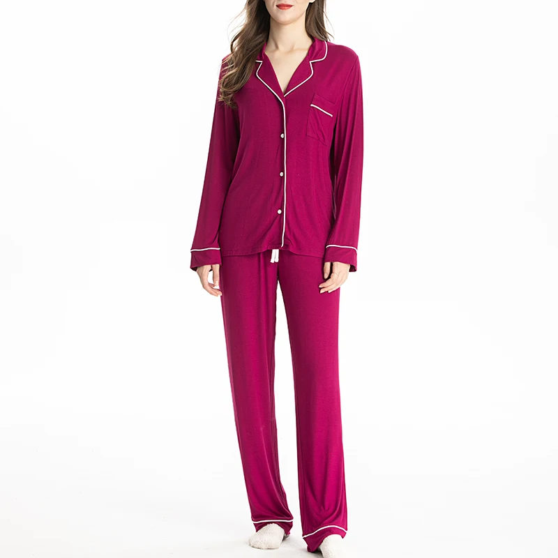 

sil-u Classic knit long sleeve button down sleepwear nightwear soft pj lounge sets modal two piece women long pajamas