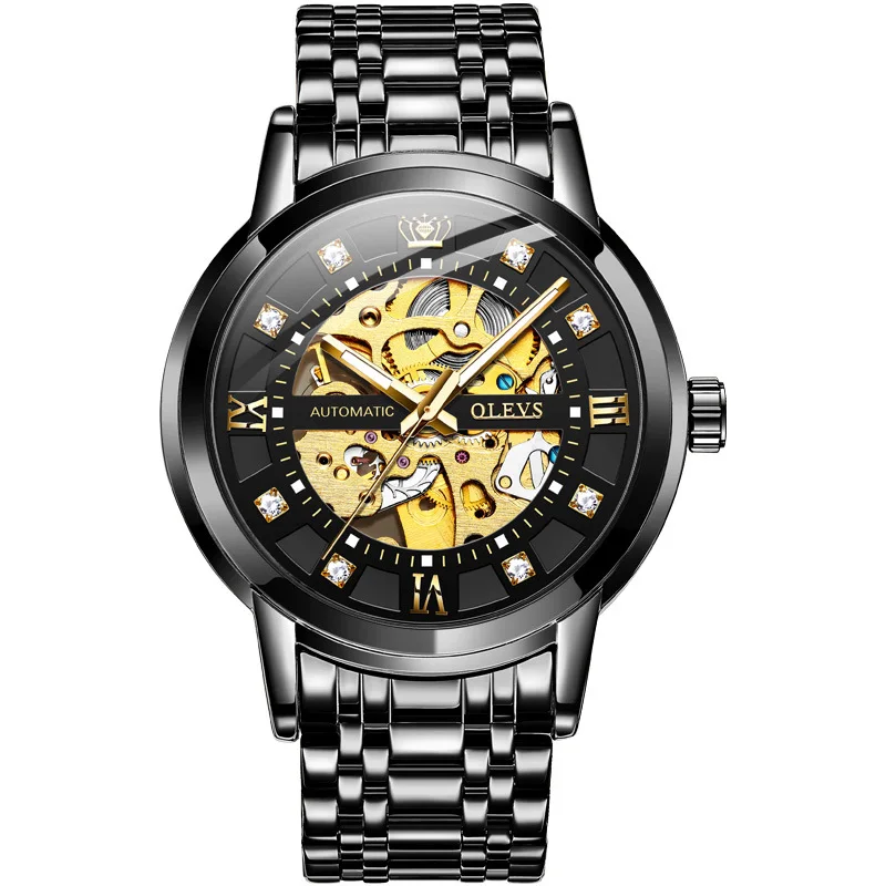 

2021 Hot Sale Custom Logo Stainless Steel Band Watch Mechanical Skeleton Automatic Mens Watches Factory in China 6016, Black/gold/silver