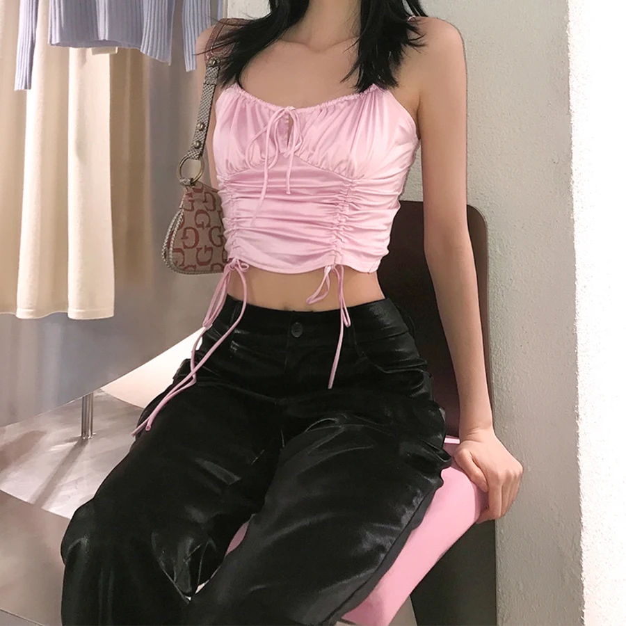 

Custom Logo Tie rope pure color crop midriff sexy halter vest Casual Drawstring Cropped Crop Camis Women