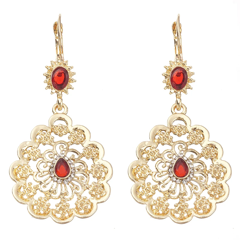 

Morocco Cafetan Wedding Gold Earrings Red and Green Stone Fashion Jewelry Alloy Premium Earrings Wholesale, Gold and silver